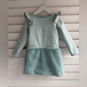 Janie and Jack Mint Aqua Long Sleeve Dress with Faux Fur Skirt and Gold Trim